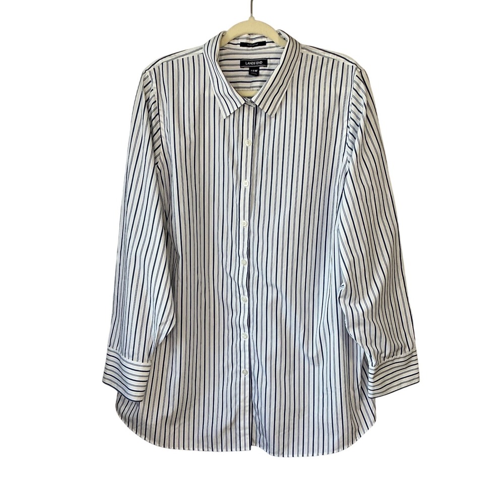 Lands End Womens 24W No Iron Supima Cotton Striped Button Down Shirt‎ Navy White